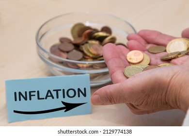 Inflation Concept. Hand Holding Coins And Half Empty Jar Of Coins