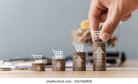 inflation in e-commerce business growth concept inflation higher food costs and grocery prices Coins stacked with shopping cart icon with up arrow - Powered by Shutterstock