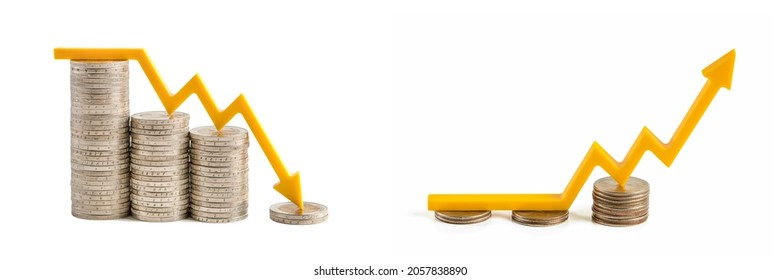 Inflation and the economic crisis. Financial market crash isolate on white background. The yellow arrow on the chart is pointing down. Plot a graph on the stacks of coins for the recession concept.