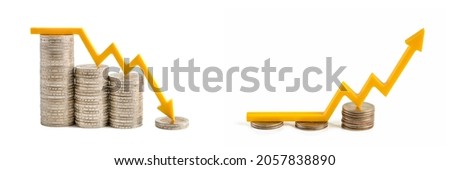 Inflation and the economic crisis. Financial market crash isolate on white background. The yellow arrow on the chart is pointing down. Plot a graph on the stacks of coins for the recession concept.