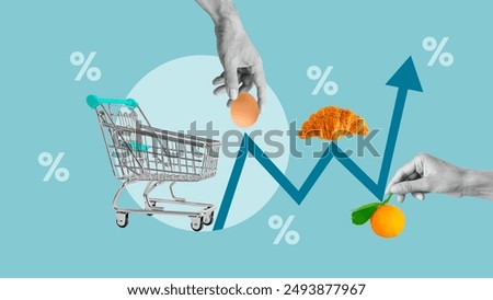 Inflation as Food price increase cause. Collage with shopping trolley and goods on the arrow of the inflation graph. Percentages of season discounts
