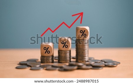 Inflation rate crisis, money economy concept. Business recession risk. Financial bank cost balance. Red arrow on wood cube coin. FED interest rate hike, world economics, inflation control investment