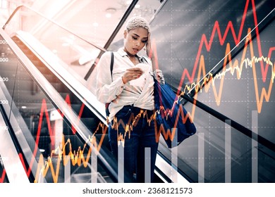 Inflation, woman and statistics in shopping mall by overlay of price increase, and food impact. Diversity, lady and shopping slip with budget, cost of living and less money for groceries or goods - Powered by Shutterstock