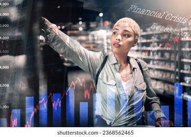 Inflation, woman and statistics in supermarket with overlay for price increase, crisis and food impact. Recession, lady and shopping in store with budget, cost of living and less money for groceries - Powered by Shutterstock