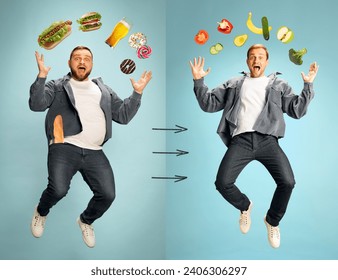 Influence of healthy lifestyle and nutrition on human body and well-being. Two young men with different eating habits look differently. Concept of weight loss, selfcare, body positivity. Copy space.