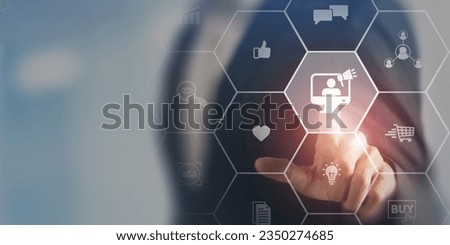 Influencer marketing concept. Businessman touching on screen with influencer marketing strategy symbol, such as celebrities, bloggers, social media personalities, to promote products and services.