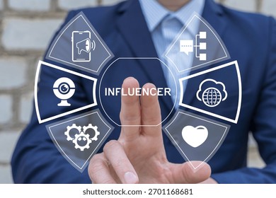 Influencer using virtual touch screen presses the word INFLUENCER. Concept of influencer, follower, social media, promotion, passion, celebrity, influence, content, community and marketing.