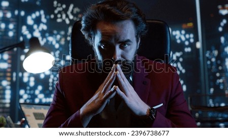Influential boss obtaining large amounts of capital after committing white collar crime, respectable billionaire with supremacy in business industry. Entrepreneur benefitting from financial crisis.