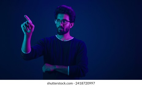 Infographic hologram backdrop template ultraviolet neon background coder programmer computer security system software man coder touch air space interface digital cyber technology virtual screen icon