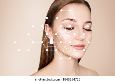 Infographic picture shows moisturizing and cleansing effect on beautiful female face. - Shutterstock ID 1848254725
