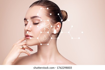Infographic shows moisturizing and cleansing effect on beautiful female face. - Shutterstock ID 1762298003
