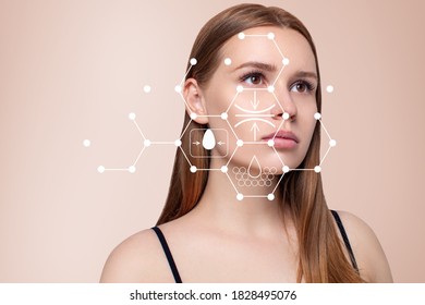 Infographic shows moisturizing and cleansing effect on young female face. - Shutterstock ID 1828495076