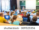 Informatics workshop at university. Rear view of students sitting and listening in lecture hall doing practical tasks on their laptops.