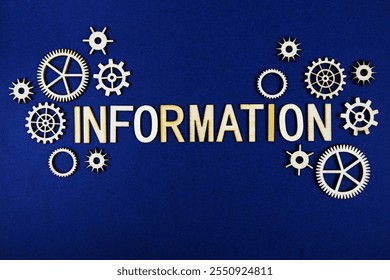 Information alphabet letters with gears element on navy blue background