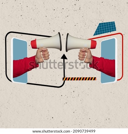 Information exchange. Contemporary art collage of hands sticking out tablet screen with megaphone isolated over light background. Concept of online communication, news, info. Copy space for ad