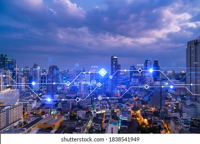Information flow hologram, night panorama city view of Bangkok. The largest technological center in Asia. The concept of programming science. Double exposure. - Shutterstock ID 1838541949