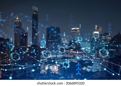 Information flow hologram, night panorama city view of Bangkok. The largest technological center in Southeast Asia. The concept of programming science. Double exposure. - Shutterstock ID 2066895320