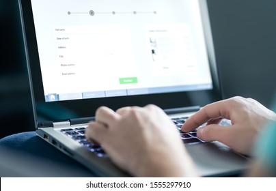 Information form to shop online, order product or buy service. Personal info in survey or questionnaire. Registration, application reservation on web site. Person typing with laptop. GDPR and security - Shutterstock ID 1555297910