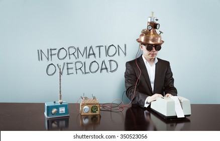 Information overload concept with vintage businessman and calculator at office