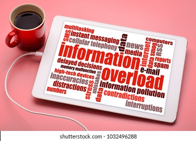 Information Overload Concept - Word Cloud On A Digital Tablet With A Cup Of Coffee