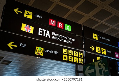 Information panel with Electronic Travel Authorization on it at an international airport. . Electronic Travel Authorization or ETA process. In 2025 all visitors will need an ETA to travel to the UK