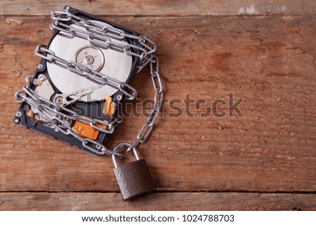The information is password protected. The hard drive is wrapped around the chain with the lock locked. Copy space for text