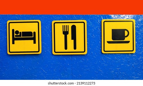 Information road signs used to tell customers, accommodation, food, coffee. - Shutterstock ID 2139112273