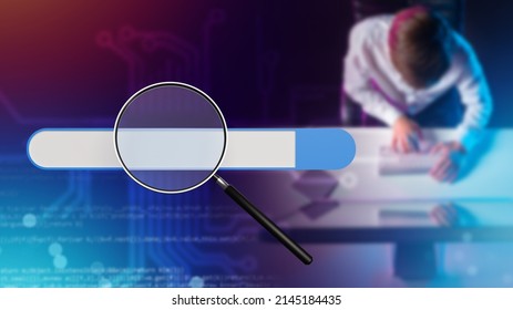 Information search. The search query string against the background of a person at a computer. Search for data on the Internet. Magnifying glass on search line. Electronic databases. 3d image