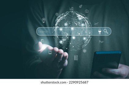 Information search technology, search engine optimization, male hand using a smartphone to search information, using the search bar function on your website