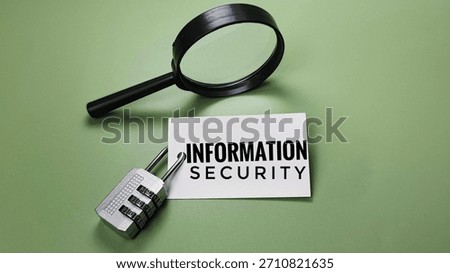 Information Security Concept with Padlock and Magnifying Glass on Green Background, Data Protection, Privacy, Cybersecurity, Safety, Digital Security. 