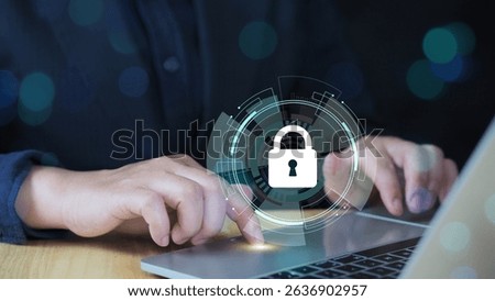 Information security and data storage protection. Encrypted files with password. Hand touching padlock icon on binary file icons. Businessman using computer