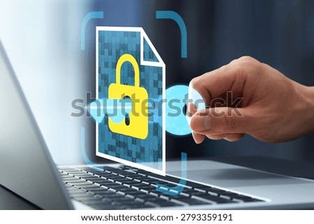 Information security. Encryption key and padlock icons. Secure file storage and data protection. Businessman accessing confidential data on laptop.