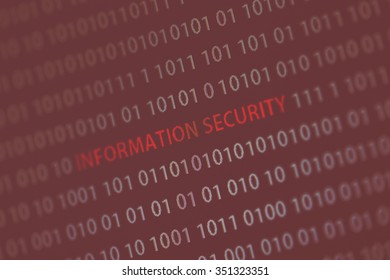 'Information security' words in the middle of the computer screen surrounded by numbers zero and one. Image is taken in a small angle. Image has a vintage effect applied.