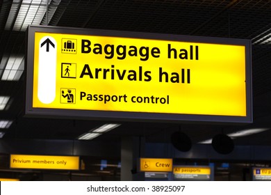 Information sign in airport. Baggage and arrivals halls directions