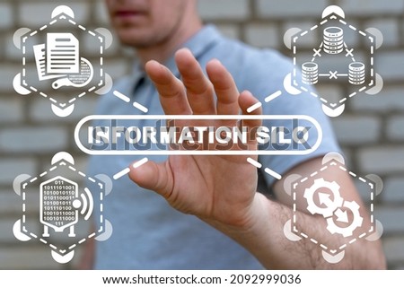 Information silo concept. The problem and inefficiency of disparate big data storage, communicaton and processing. Shattered redundancy inefficiency of information repository.