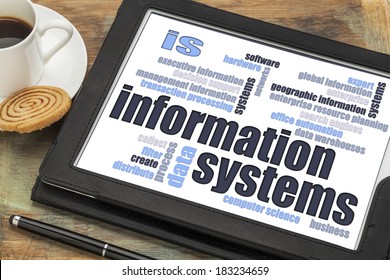 Information Systems Word Cloud On A Digital Tablet With A Cup Of Coffee