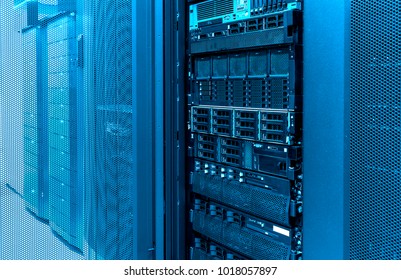 Information technology and big data concept. Rackmount many hard disks drive in enclosure in the storage system in the data center.