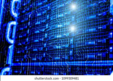 information technology and big data concept, data center disk storage with binary code and circuit board background