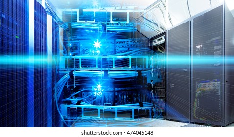 information technology collage of data center with racks  equipment and cables  router