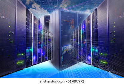information technology collage of data center with racks equipment