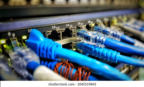 Information Technology Computer Network, Telecommunication Ethernet Cables Connected To Internet Switch In Data Center.