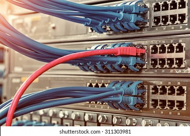 Information Technology Computer Network, Telecommunication Ethernet Cables Connected to Internet Switch.