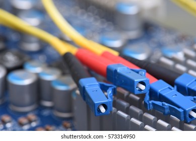 Information Technology Computer Network, Telecommunication Fiber Cable on Electronic Board