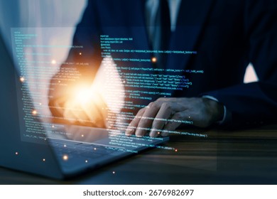 IT Information Technology. Developer presenting IT upgrade plan in modern office.