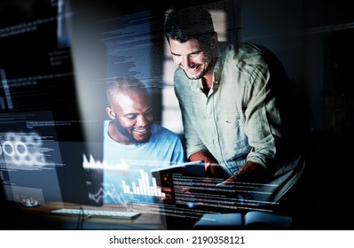 IT Or Information Technology Technicians Or Computer Programmers Working, Coding User Interface Or UX Late At Night. Team Of Software Specialists Or Developers Happy Technical System Data In Office