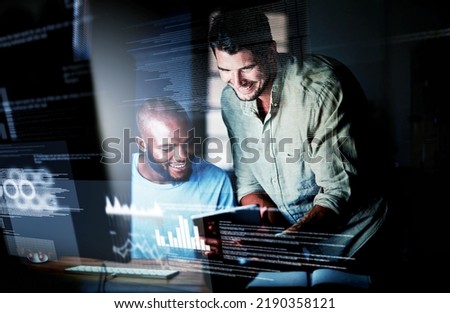IT or information technology technicians or computer programmers working, coding user interface or UX late at night. Team of software specialists or developers happy technical system data in office