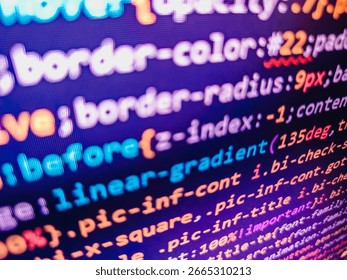 Information technology website coding standards for web design. Abstract background of computer source code. Modern technologies, web cascading design. Abstract Technology Binary code Background