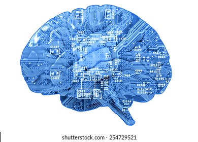 Informational concept: circuit board in form of human brain isolated on white
