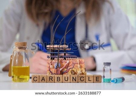 An informative visual representation of carbuncles displayed alongside medical tools in a clinical setting