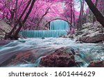 infrared landscape of the double waterfalls Trikala Thessaly Greece - long exposure photography 